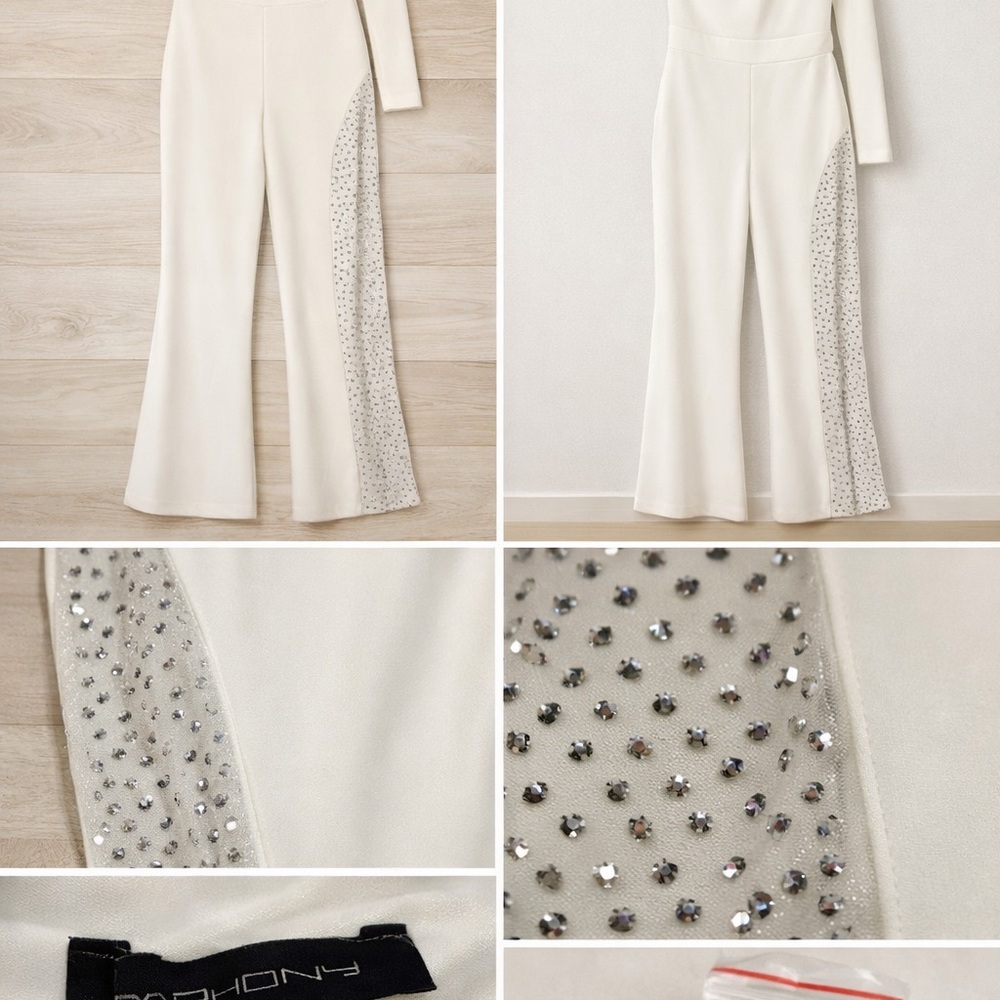 White One Shoulder Jumpsuit Rhinestone Panel Glam Party Event Party Wedding sz L